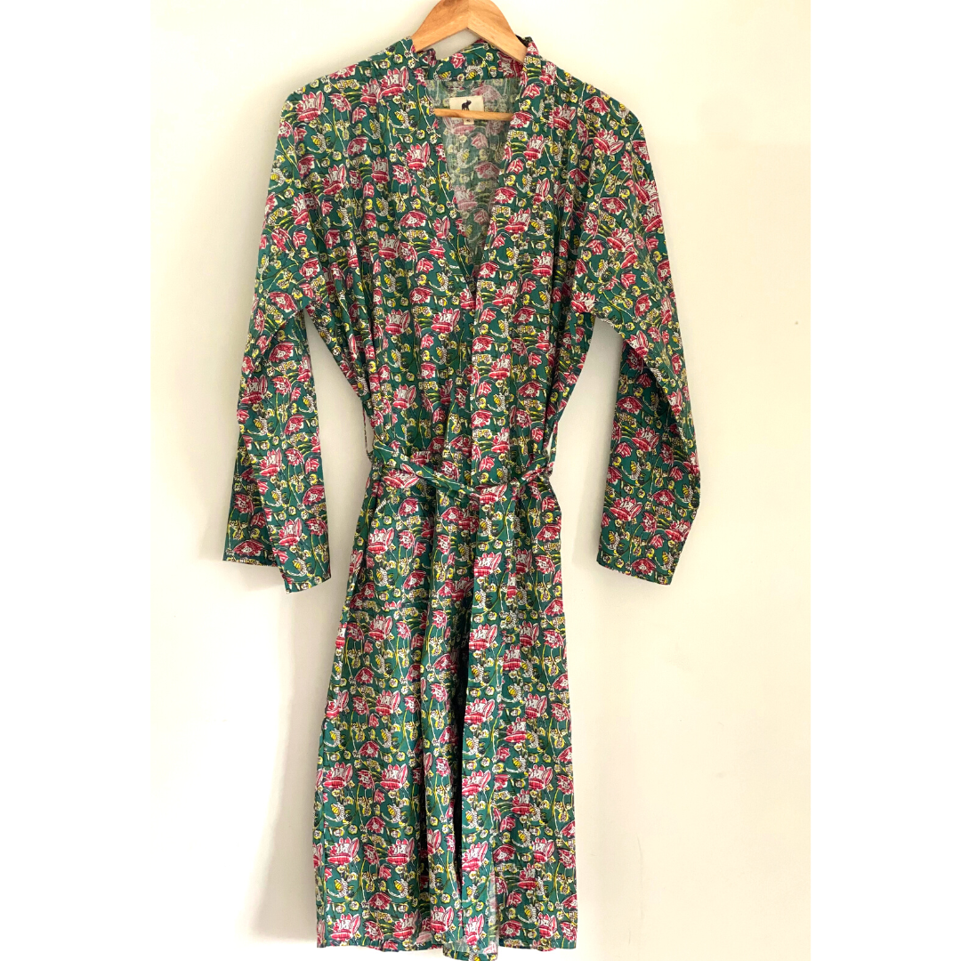 Womens Kimono Robe - Floral Garden cotton print green + bag: 44 / L