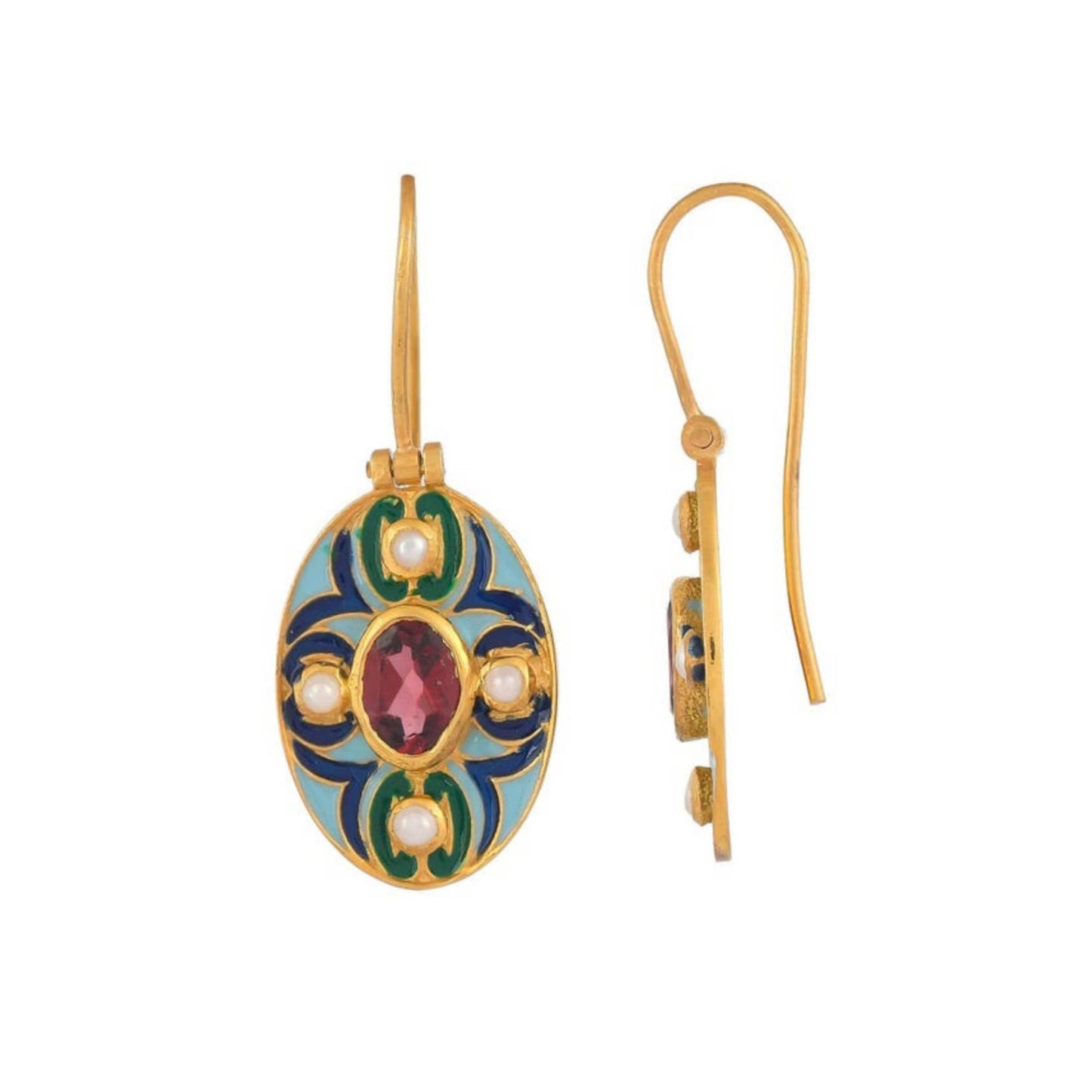 Garnet & Pearl Gold Plated Enamel Earring