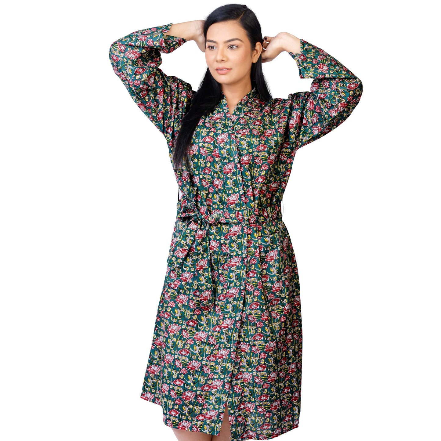Womens Kimono Robe - Floral Garden cotton print green + bag: 44 / L