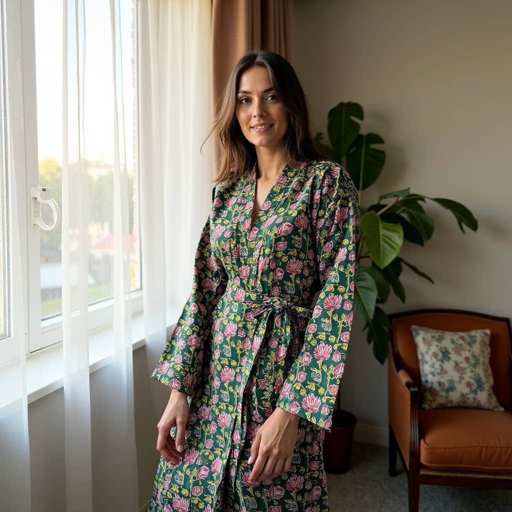 Womens Kimono Robe - Floral Garden cotton print green + bag: 44 / L