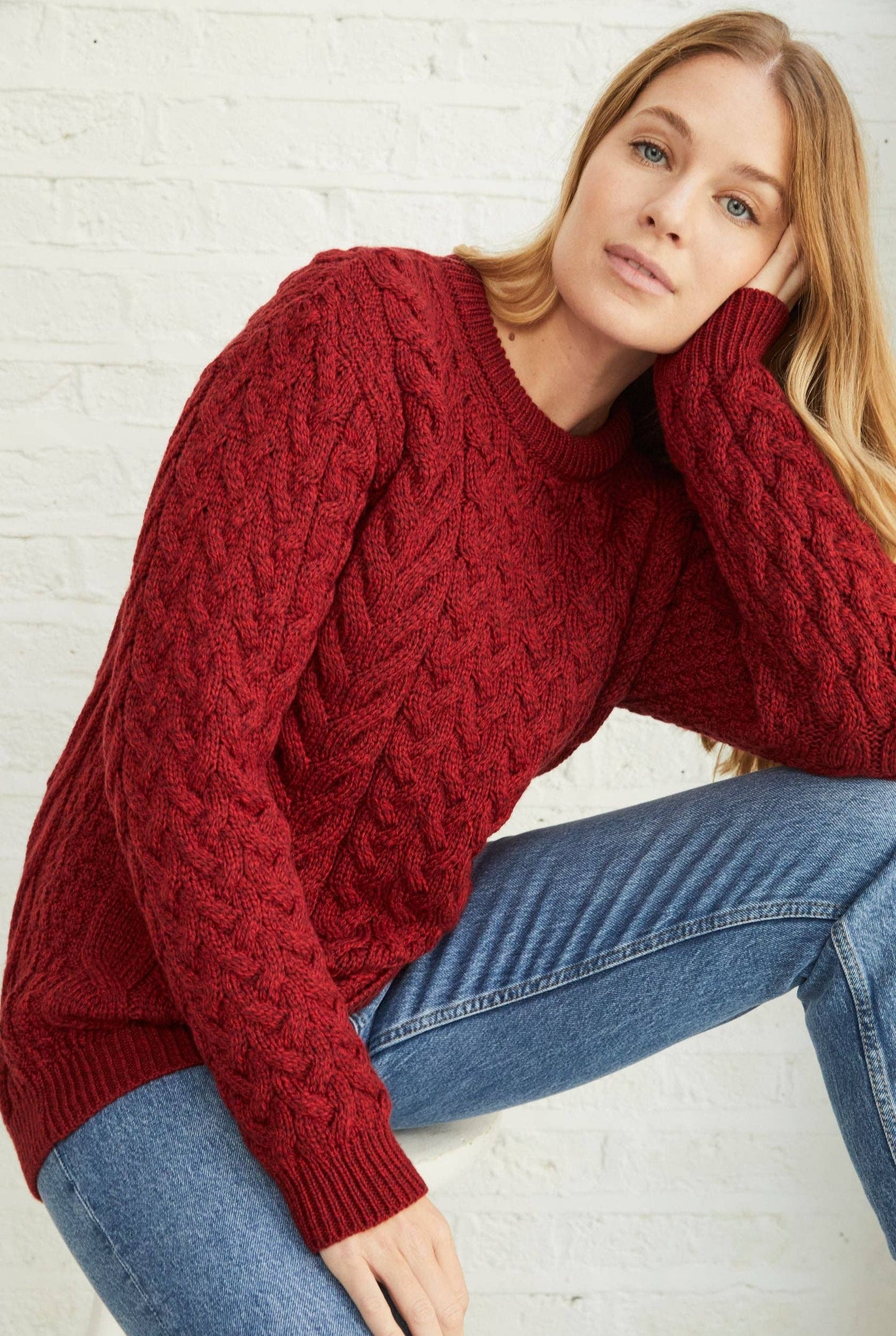 Omey Ladies Aran Crew Neck Sweater - Rua Red: S
