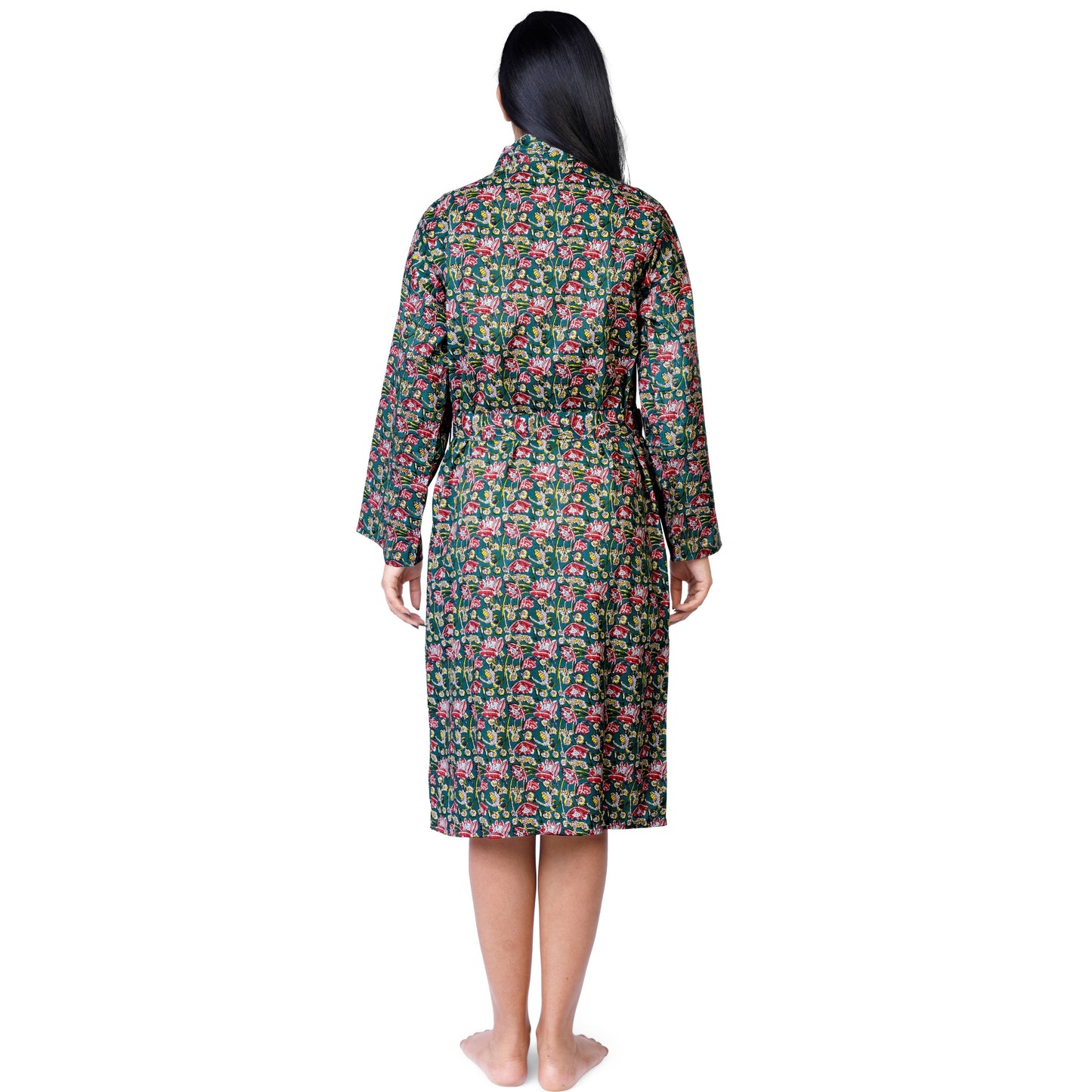 Womens Kimono Robe - Floral Garden cotton print green + bag: 44 / L