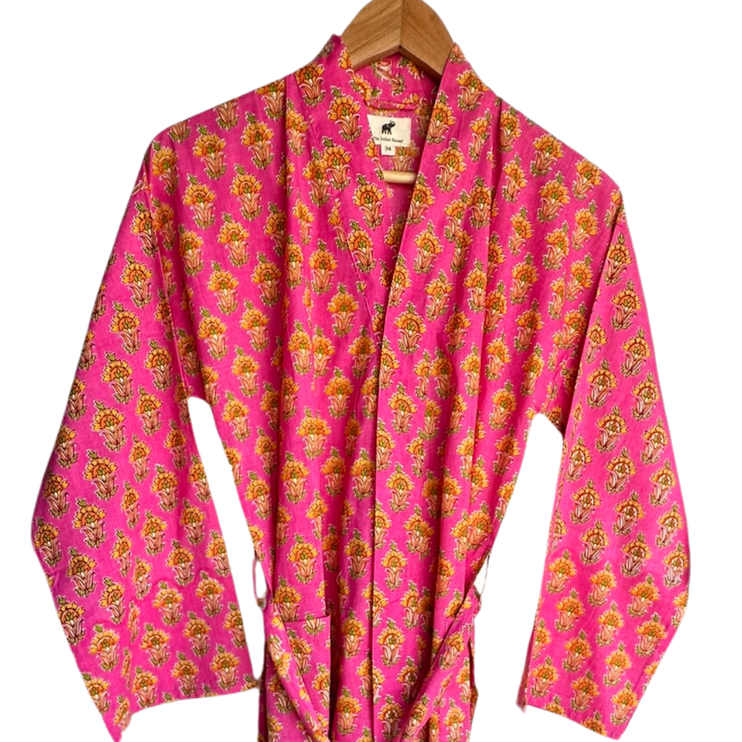 Womens Kimono Robe - All over Buti in Pink & orange cotton: 44 / S