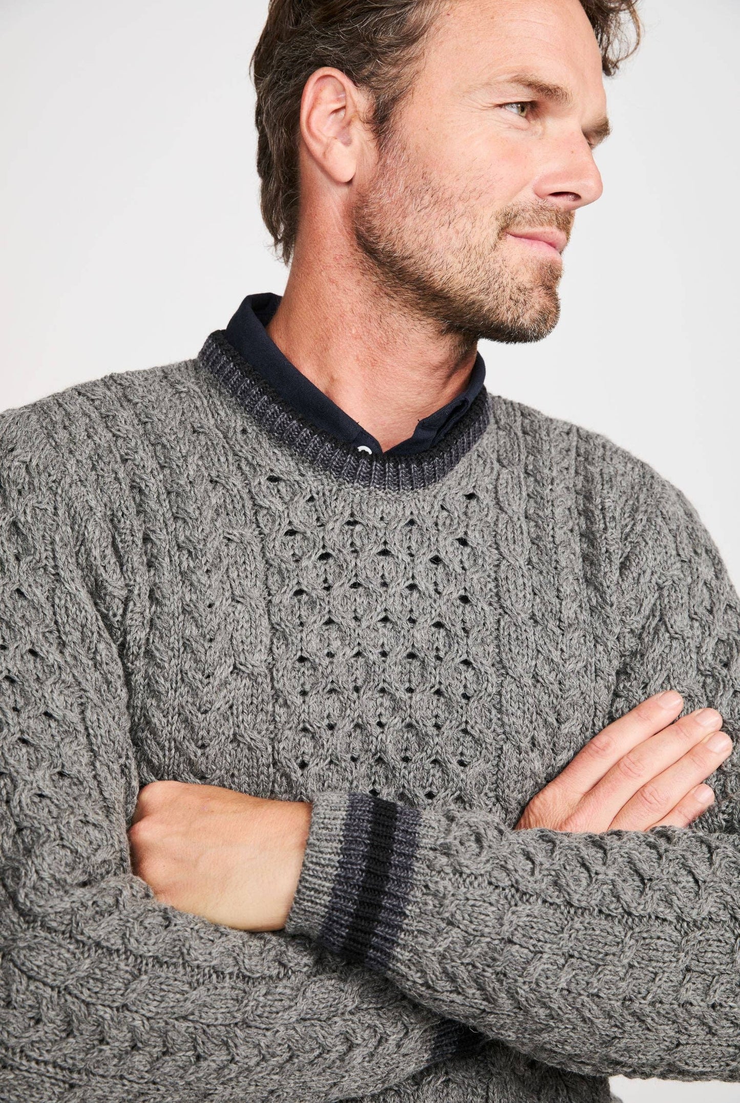 Inishbeg Mens Stripe Crewneck Aran Sweater - Grey