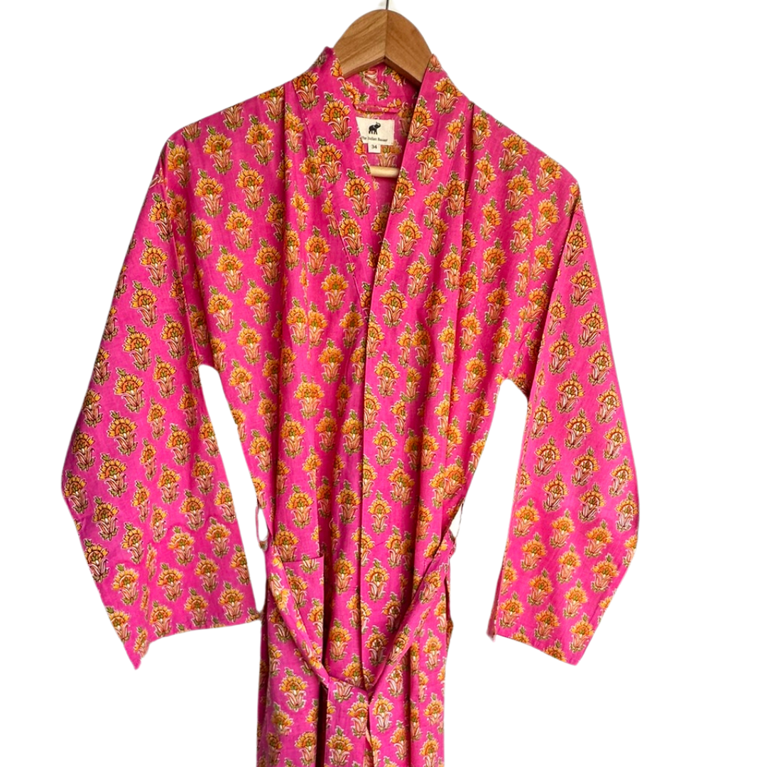 Womens Kimono Robe - All over Buti in Pink & orange cotton: 44 / S