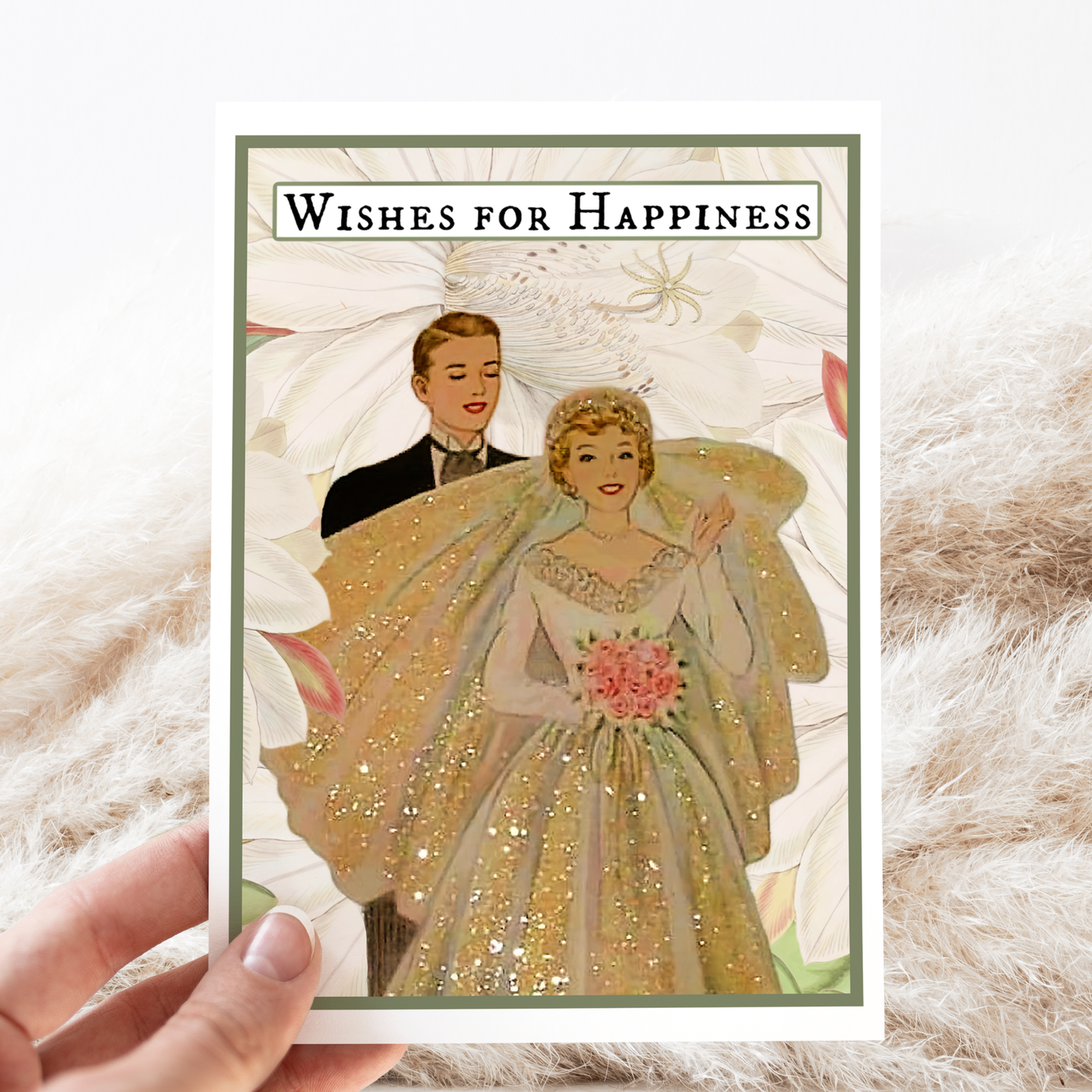 Wedding Card. Vintage Bride and Groom. Wishes for Happiness.