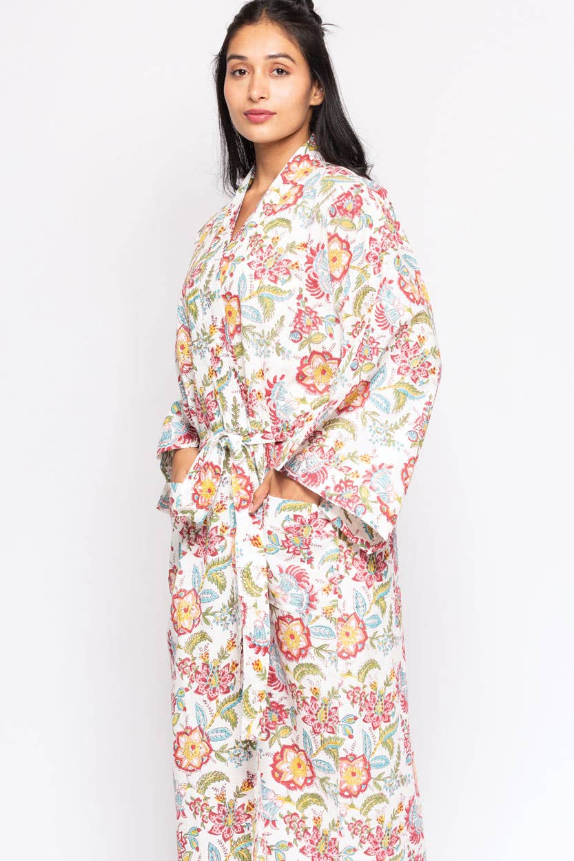 Reva Block Print Kimono Robes: Blue Multi