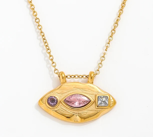 Evil Eye Pink- Trinity stone- Steel 14K gold