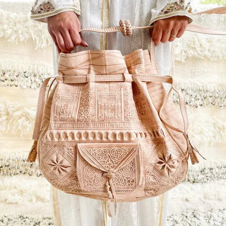 Moroccan Leather Bucket Shoulder Drawstring Bag