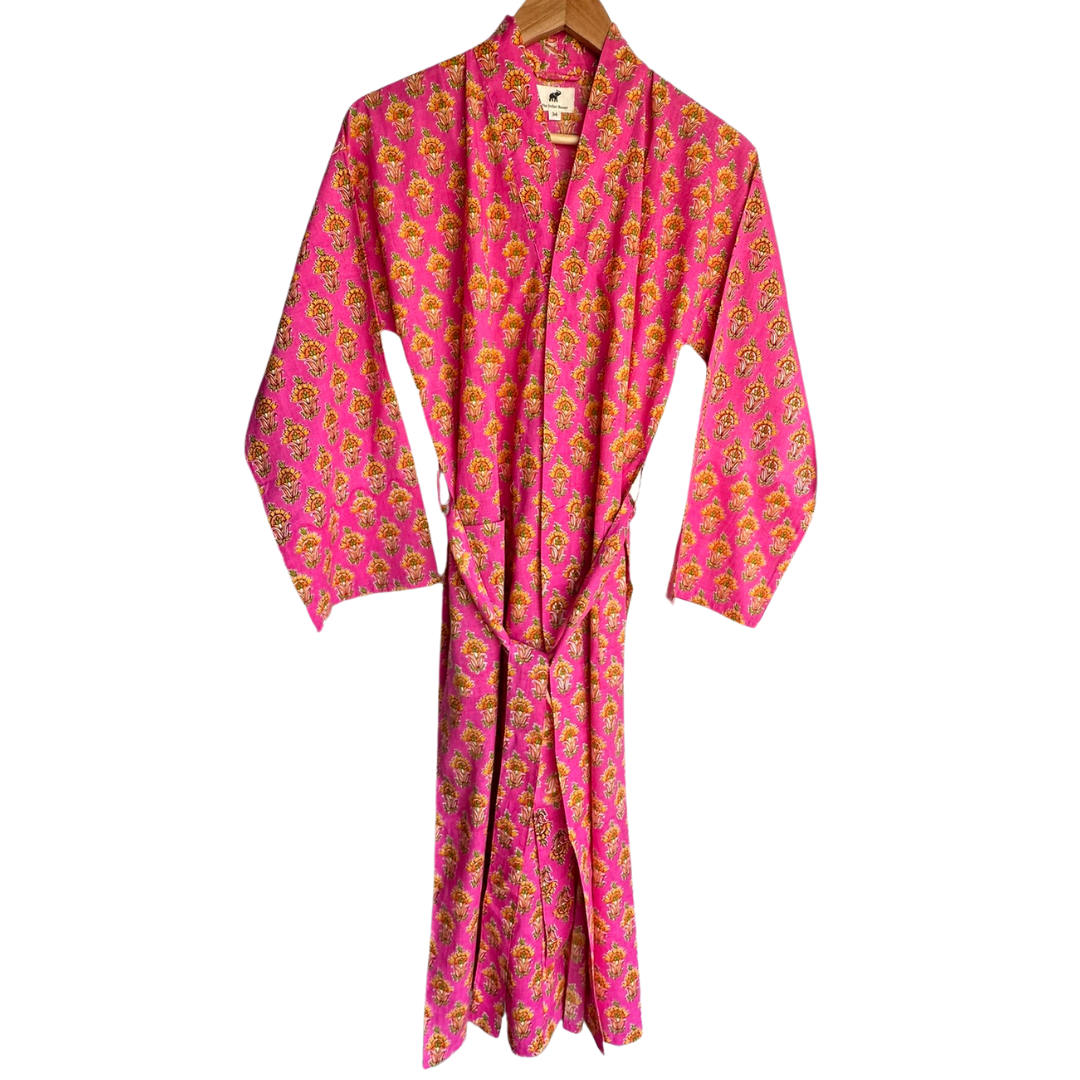 Womens Kimono Robe - All over Buti in Pink & orange cotton: 44 / S