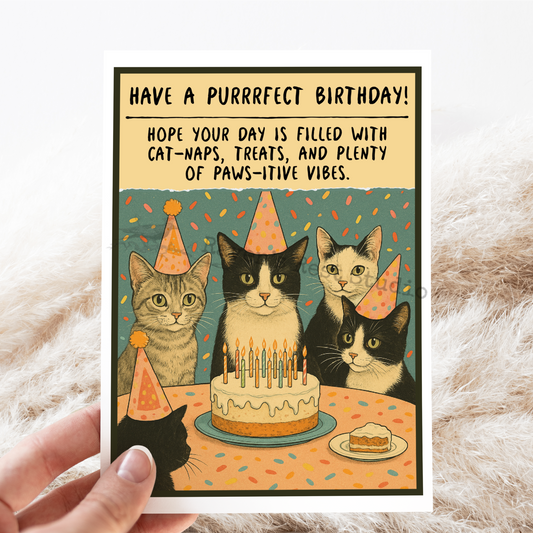 CAT Birthday Card Vintage Cats Celebrating With Cake.