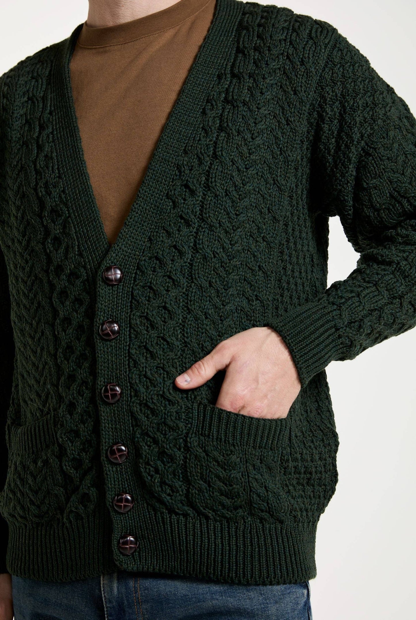 Clare Island Mens Merino Aran Cardigan - Green