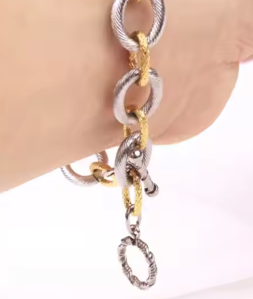 Two Tone Etched Steel Link Toggle Bracelet