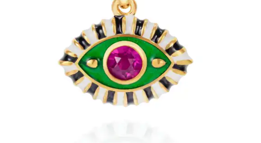 Evil Eye Third Eye Enamel and Crystal Pendant Necklace: Pink/green