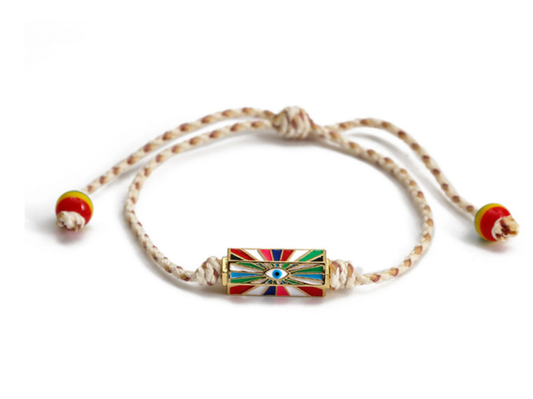 Friendship Bracelet- Enamel Steel, Cord, Slider fit: Evil eye multi- red