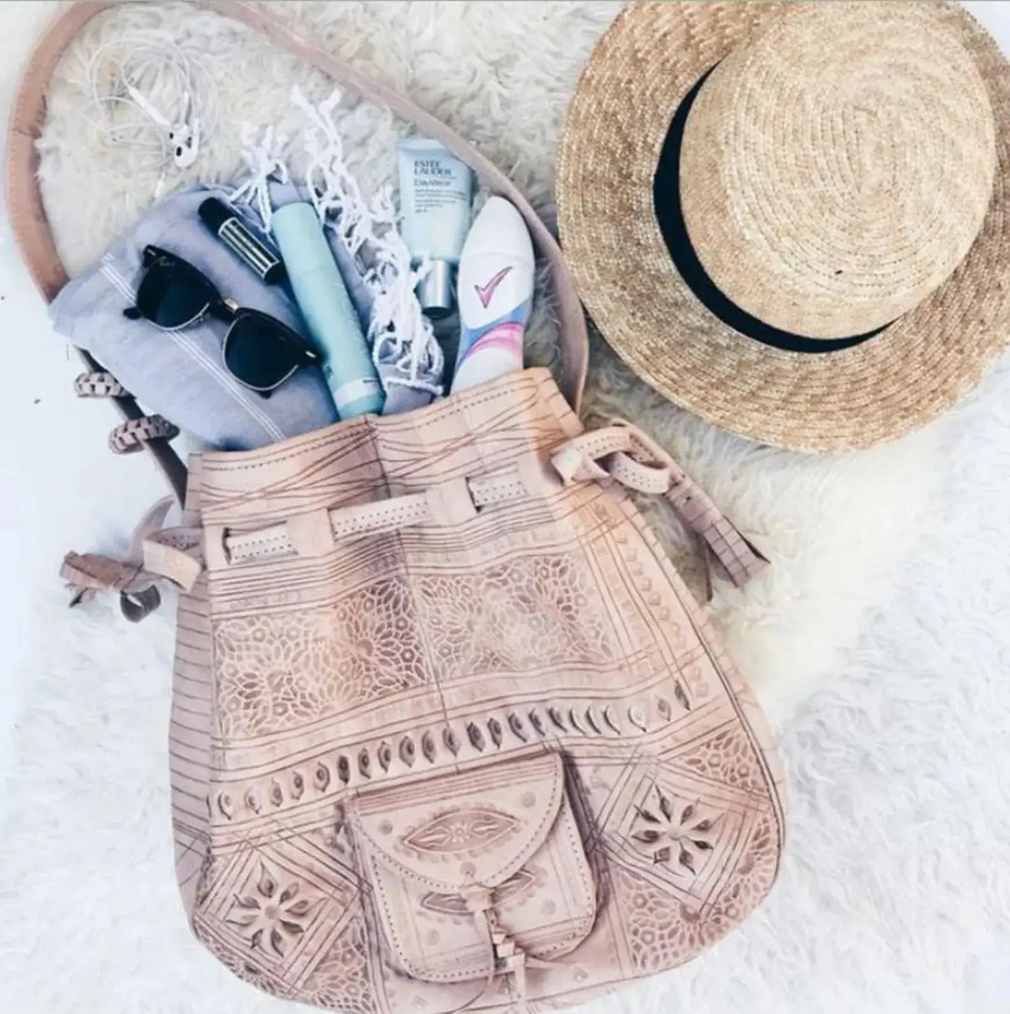 Moroccan Leather Bucket Shoulder Drawstring Bag