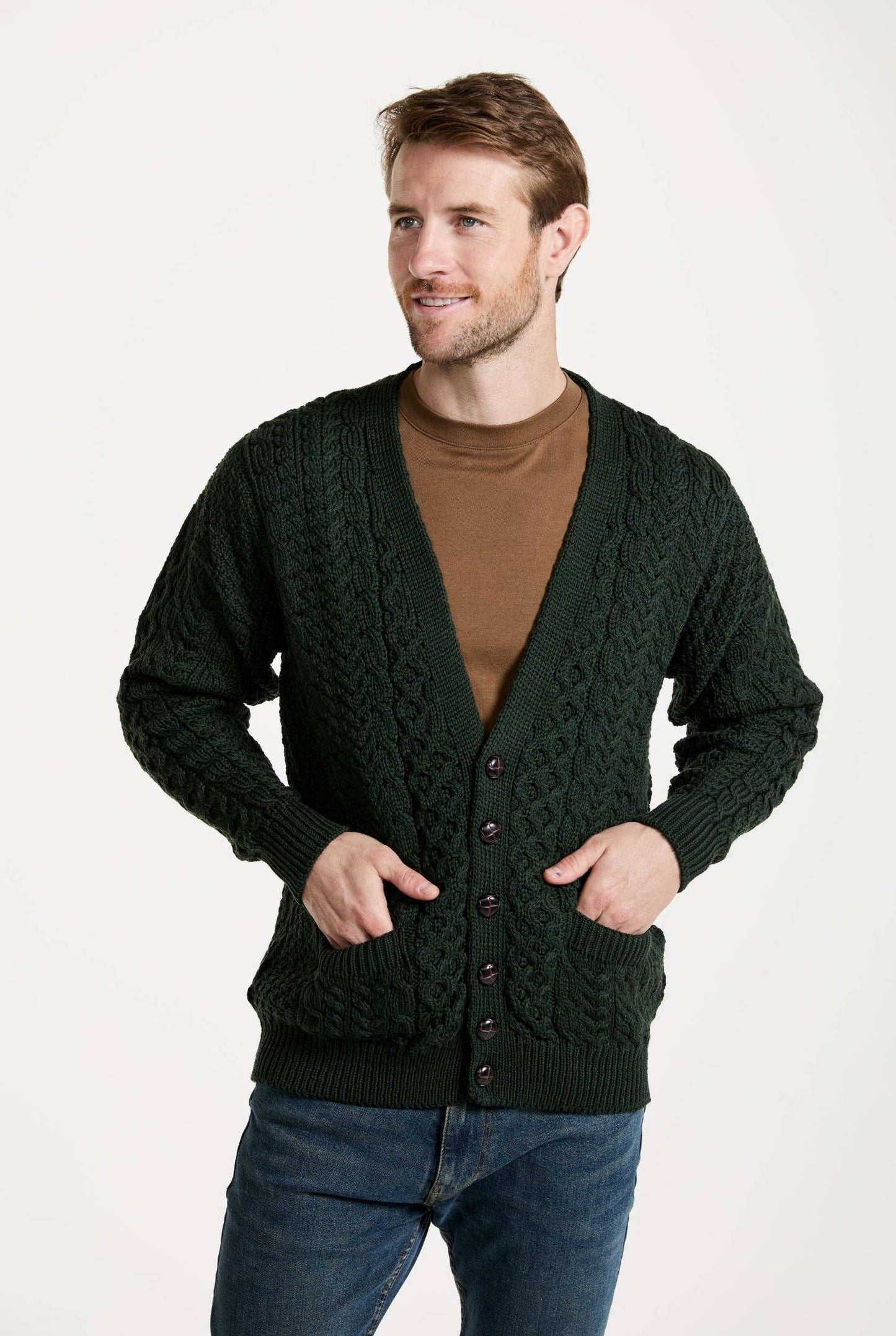 Clare Island Mens Merino Aran Cardigan - Green