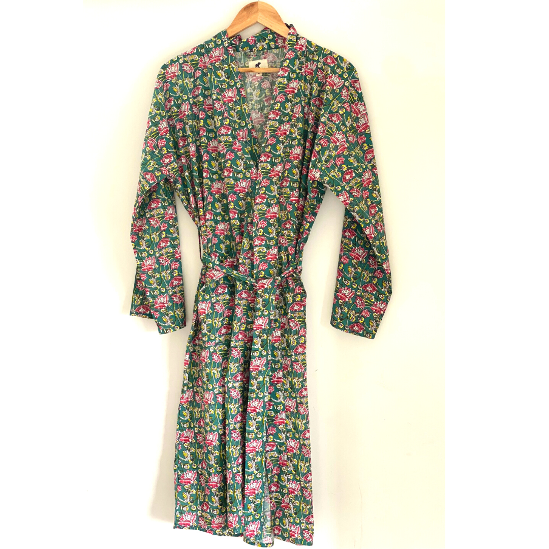 Womens Kimono Robe - Floral Garden cotton print green + bag: 44 / L