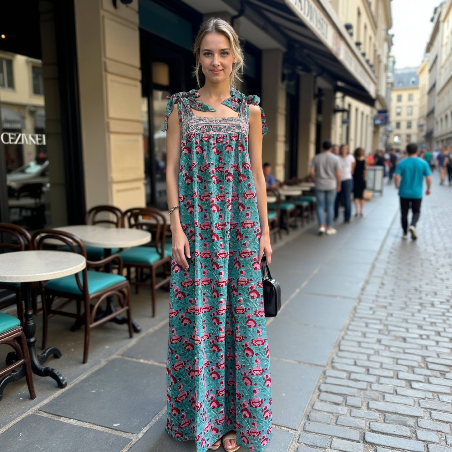 MWomen's Bow Tie Strap Maxi Dress, Lotus Double Border Print