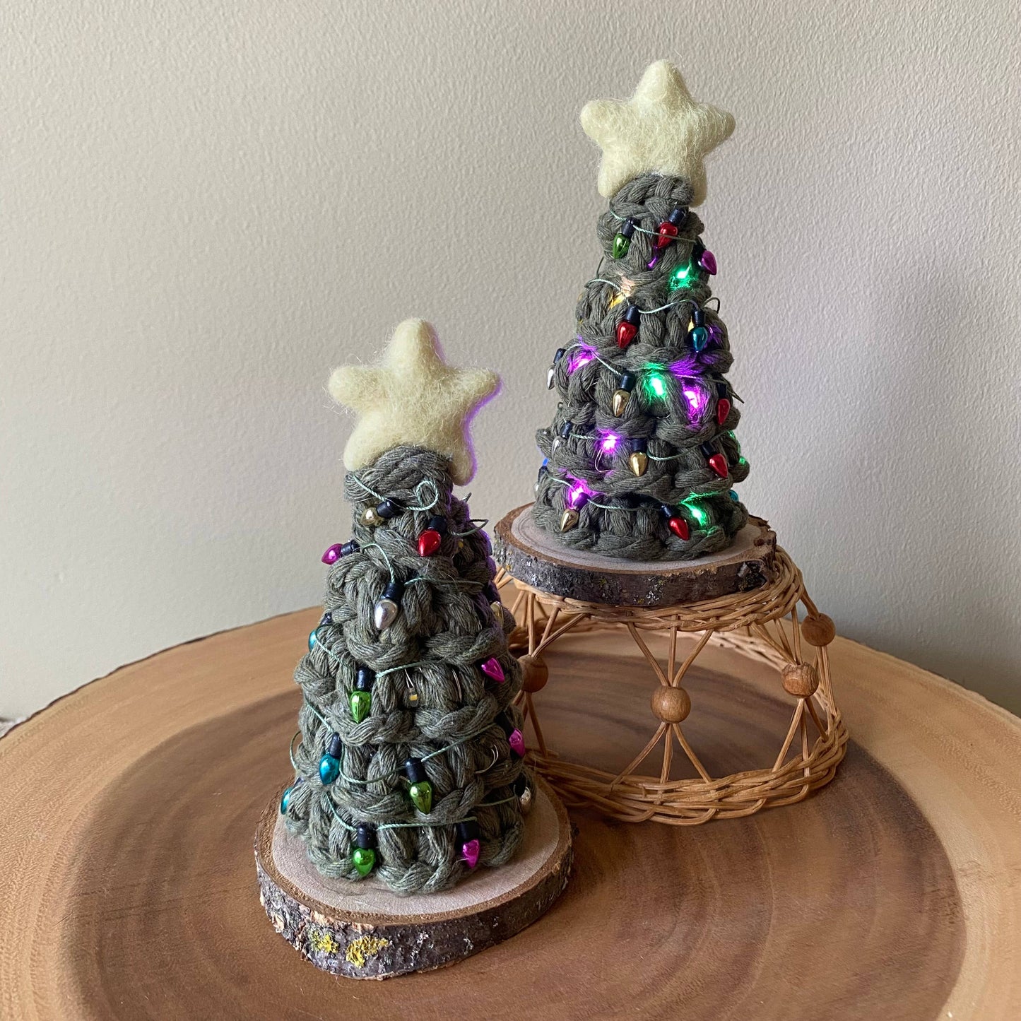 Holiday LIGHTED Mini Macrame Tree Working Fairy Lights: Multi-Colour / Avocado Brighter Green