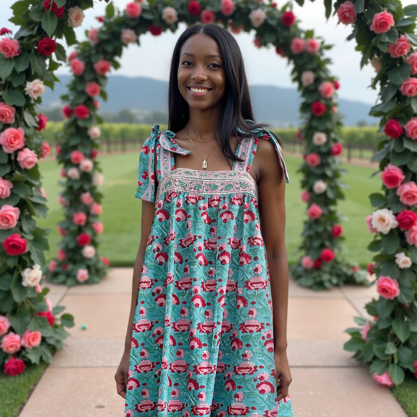 Women's Bow Tie Strap Maxi Dress, Lotus Double Border Print: S