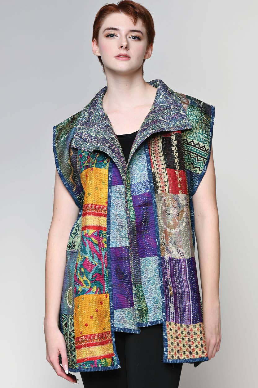 Reversible Silk Kantha Vest Jacket