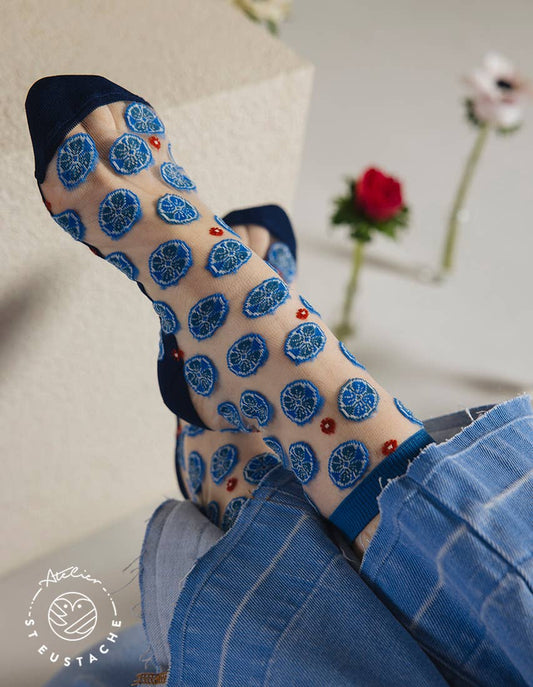 MECONOPSIS • Women's transparent socks with blue flowers: 36/38