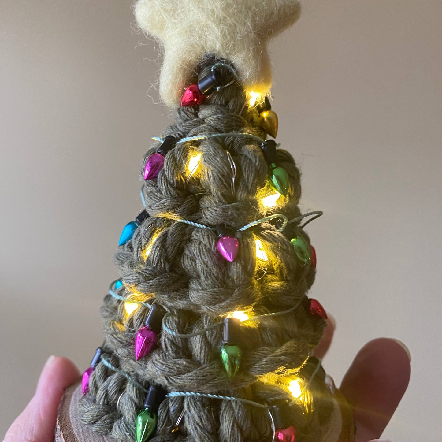 Holiday LIGHTED Mini Macrame Tree Working Fairy Lights: Multi-Colour / Avocado Brighter Green