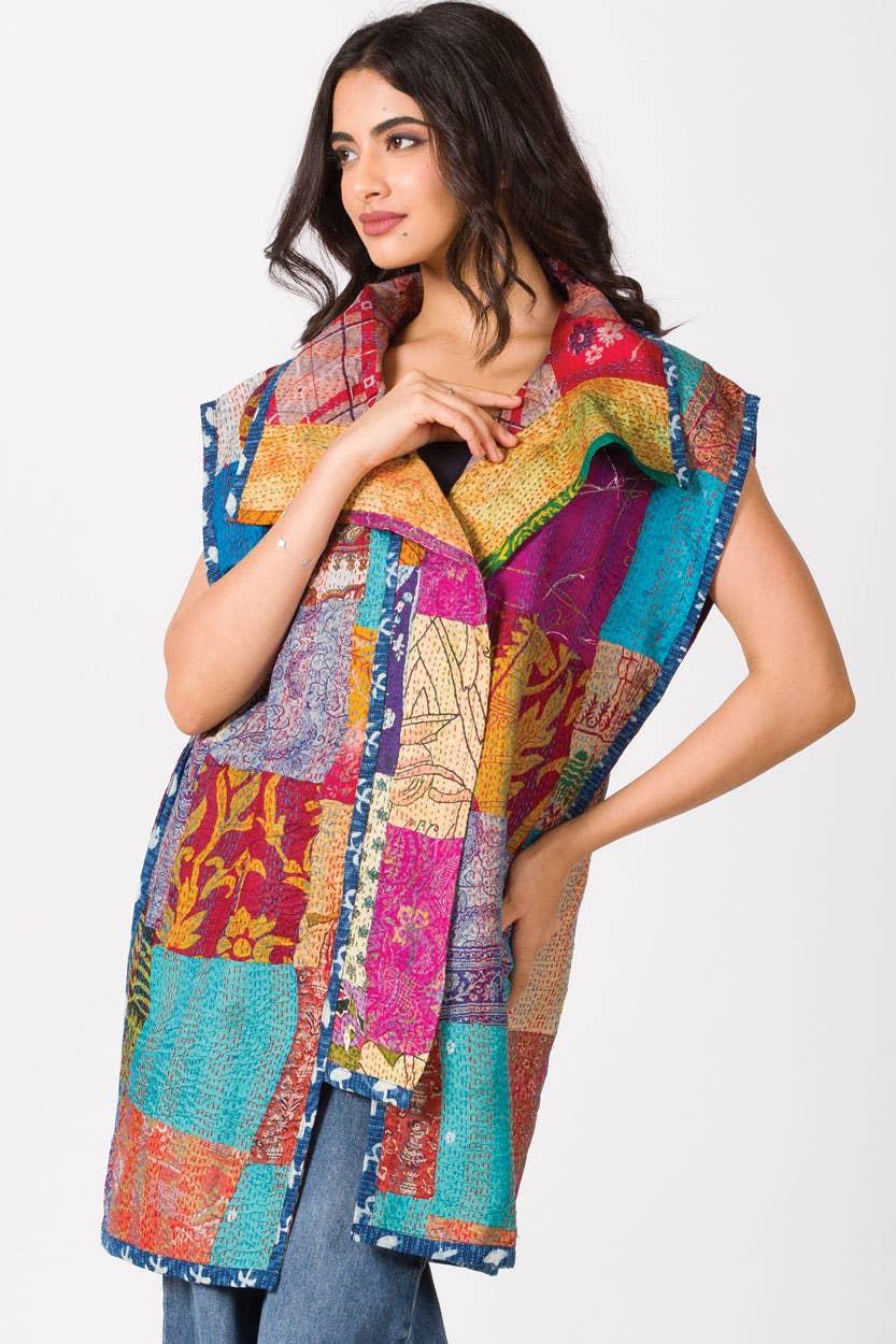 Reversible Silk Kantha Vest Jacket