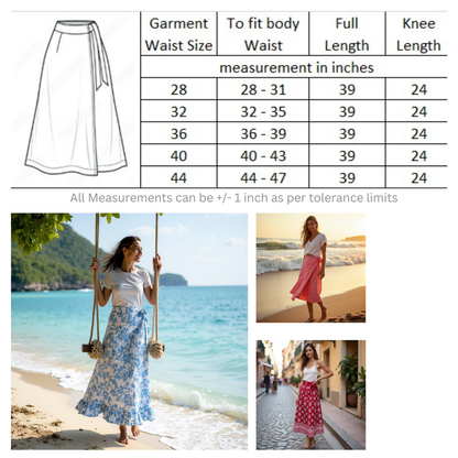 Wrap Skirt with ruffle - White and Blue Vines Block Print: 28