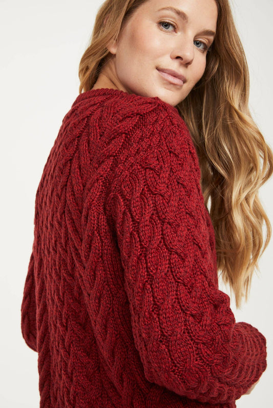 Omey Ladies Aran Crew Neck Sweater -  Rua Red: S