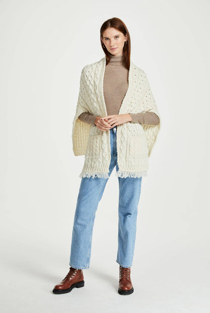 Shannon Throwover Merino Aran Wrap With Pocket - Cream: One Size