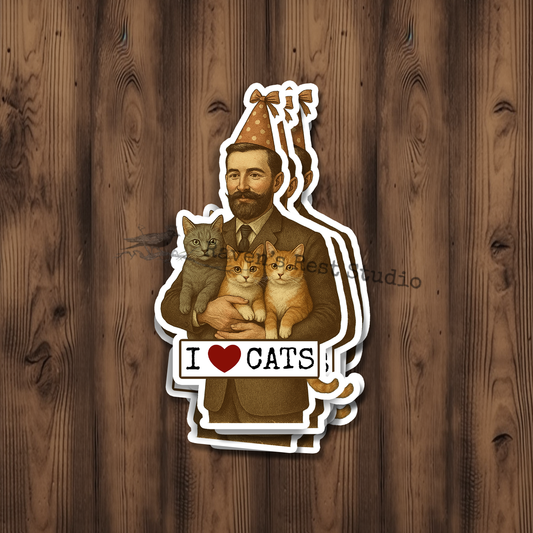 STICKER. Vintage Style Cat Loving Man With Three Cats.