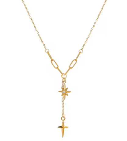 Steller Star-  Lariat- 14K Gold Steel Necklace 