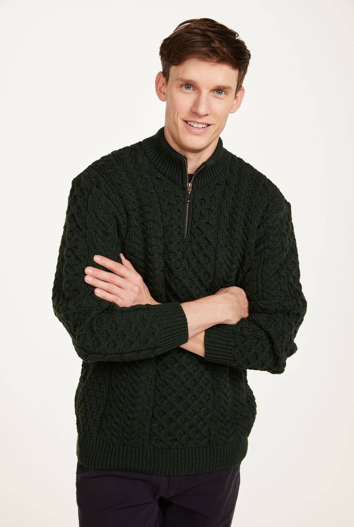 Ballycroy Mens Merino Aran Half Zip Sweater - Forest Green: XLG