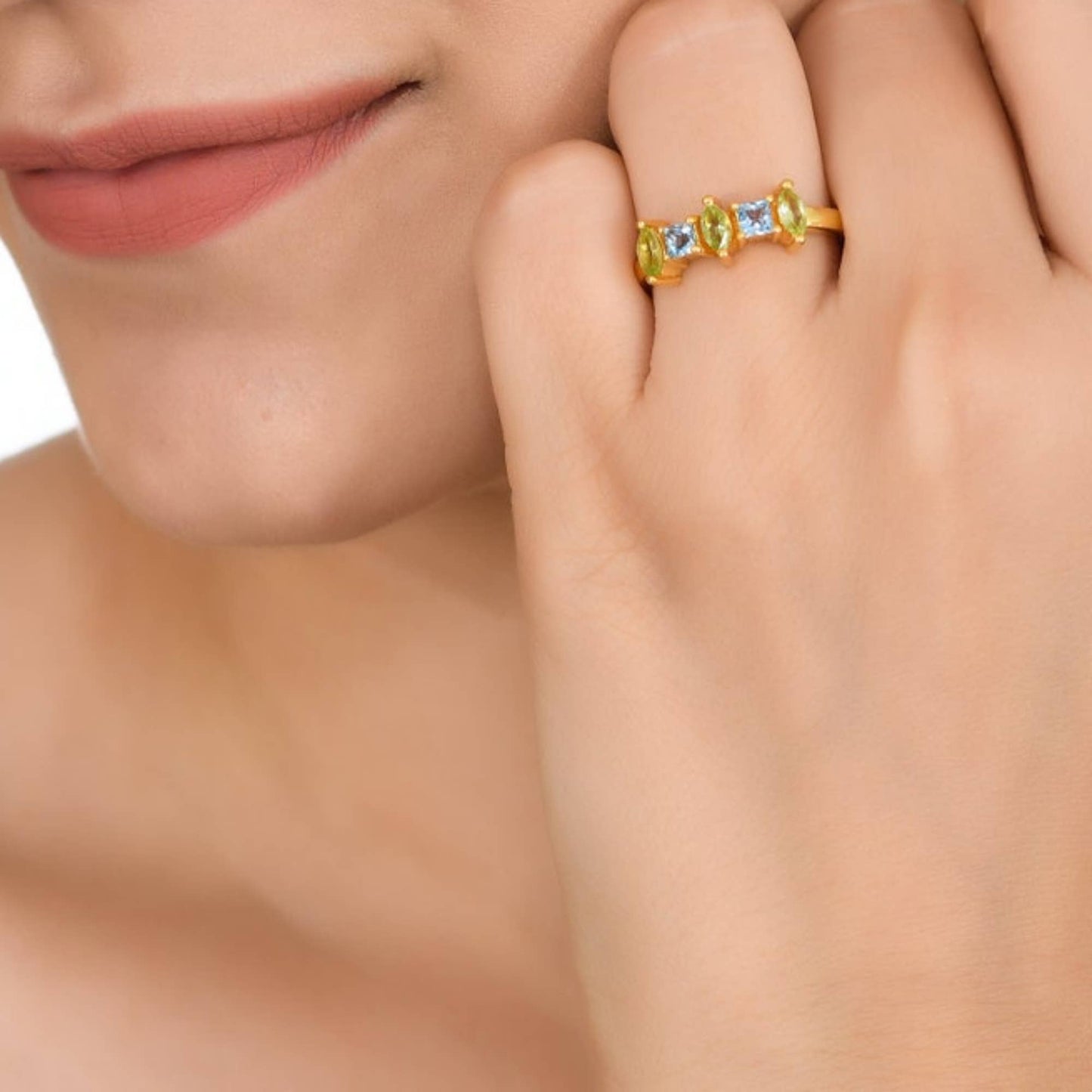 Peridot & Topaz Gold Plated Marquise Ring,