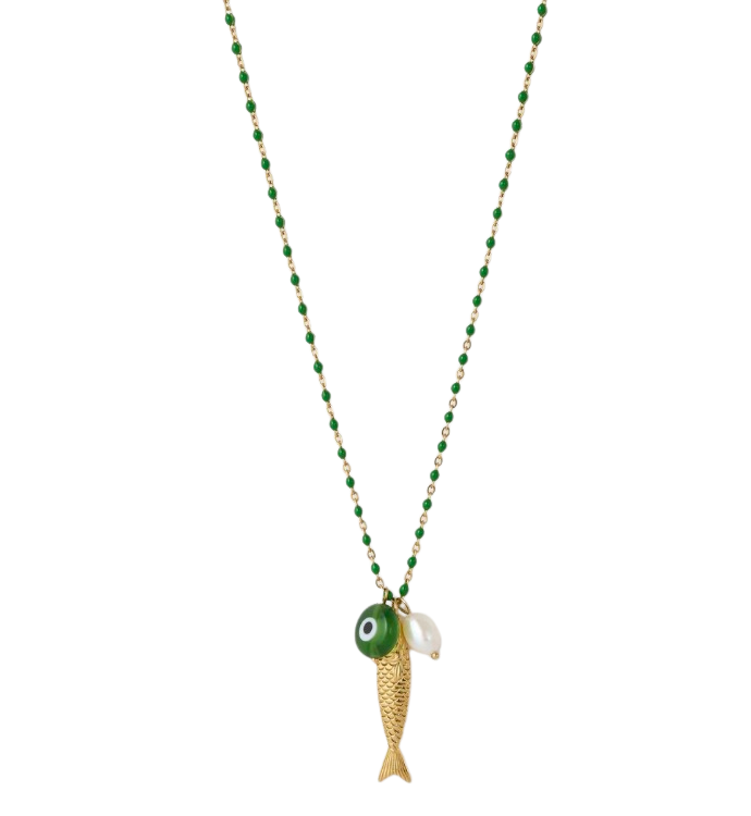 Fish for Luck. Enamel and Evil Eye Necklace: Horn
