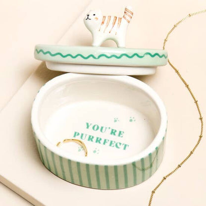 Green Oval Ceramic Cat Trinket Pot