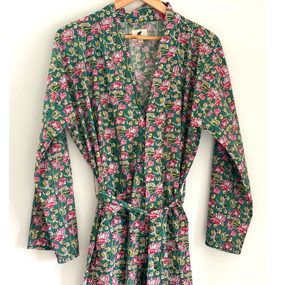 Womens Kimono Robe - Floral Garden cotton print green + bag: 44 / L
