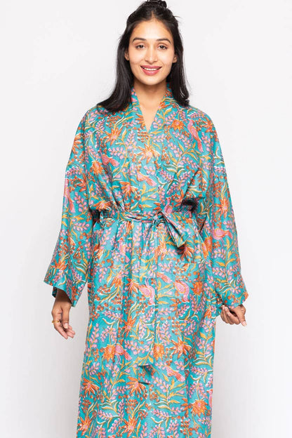 Reva Block Print Kimono Robes: Blue Multi
