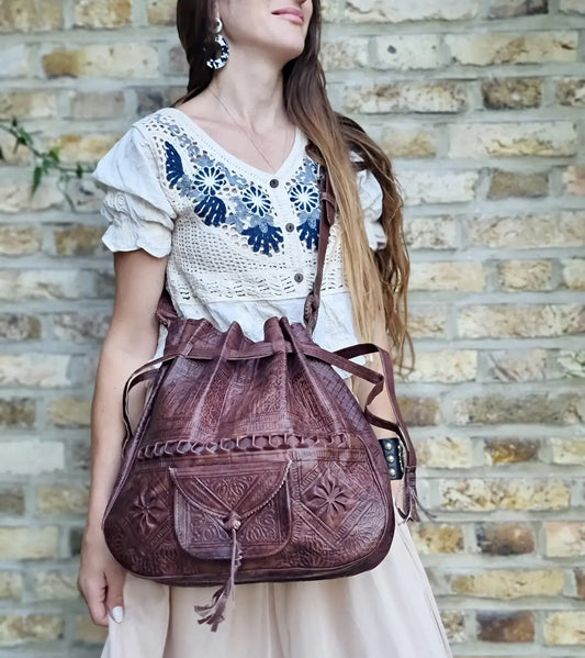 Moroccan Leather Bucket Shoulder Drawstring Bag
