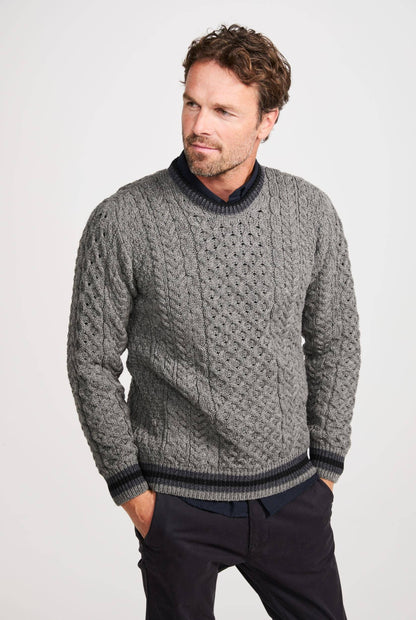 Inishbeg Mens Stripe Crewneck Aran Sweater - Grey