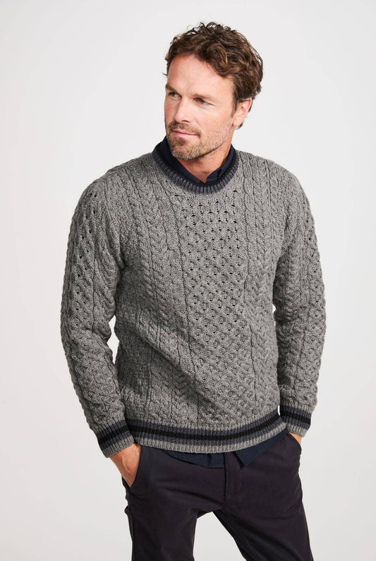 Inishbeg Mens Stripe Crewneck Aran Sweater - Grey
