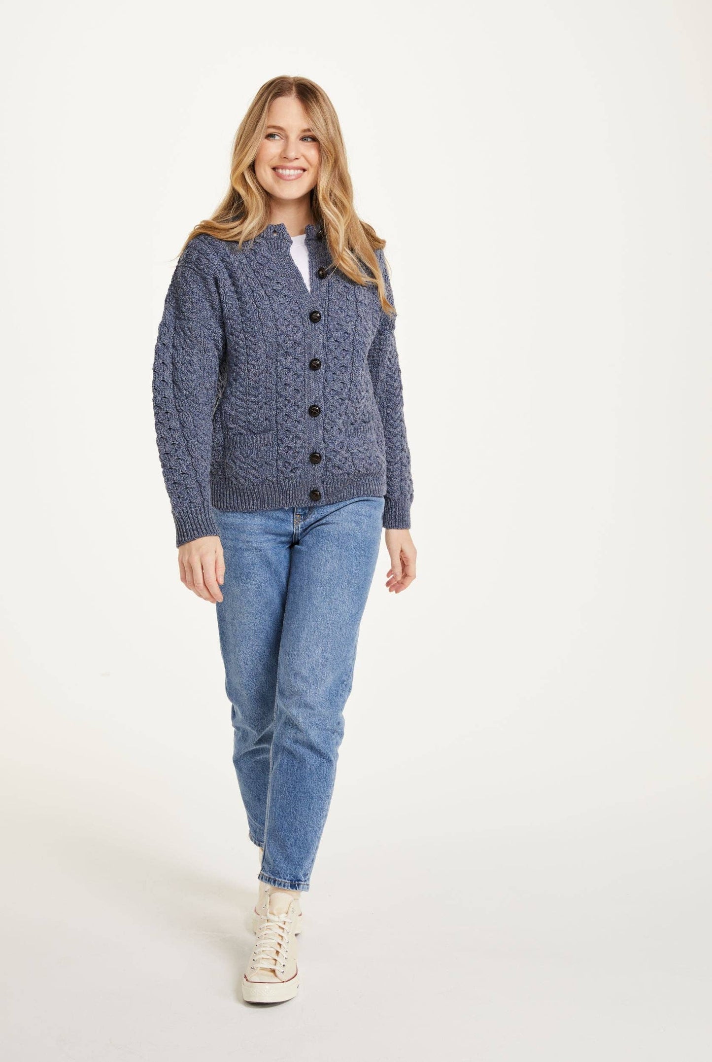 Achill Island Ladies Merino Aran Cardigan - Denim