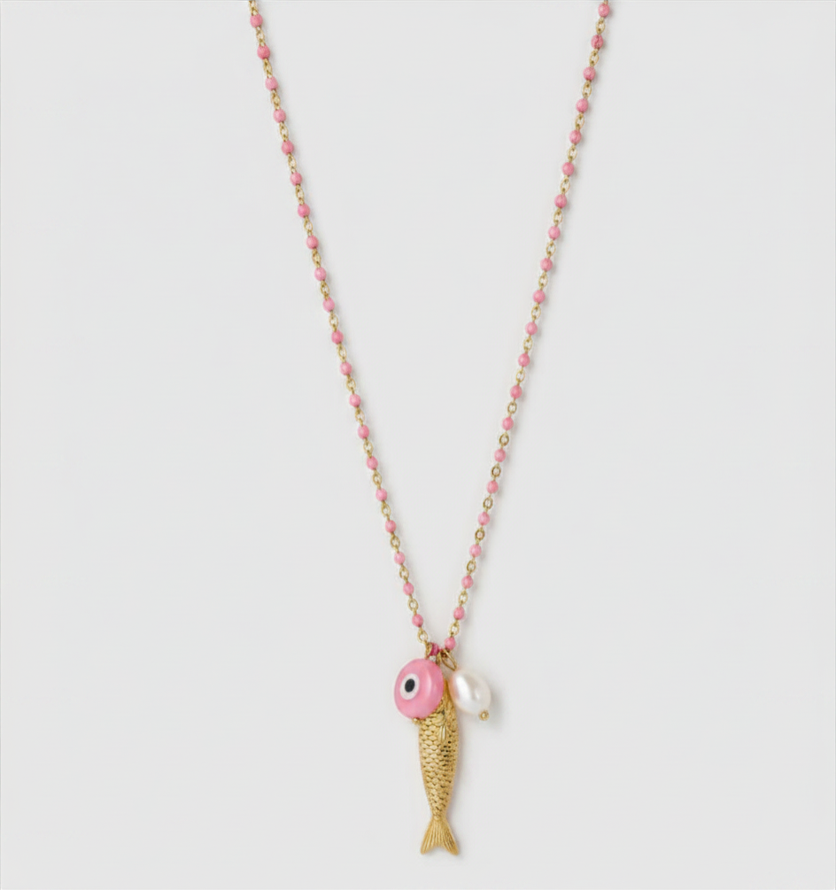 Fish for Luck. Enamel and Evil Eye Necklace: Horn
