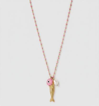 Fish for Luck. Enamel and Evil Eye Necklace: Horn