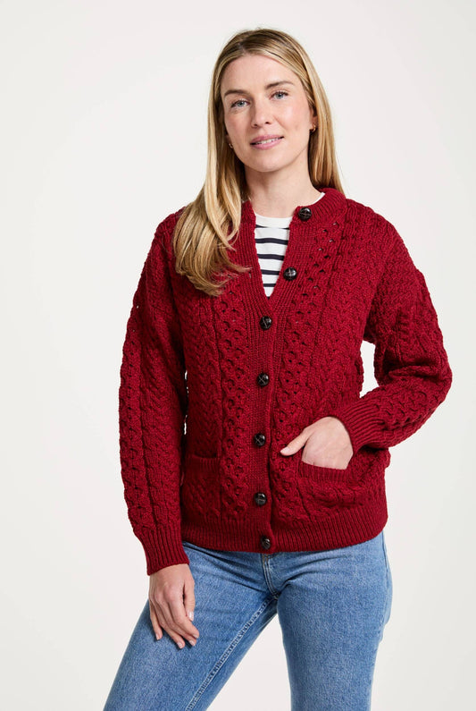 Achill Island Ladies Merino Aran Cardigan - Red