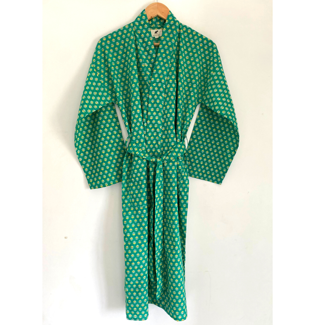Womens Kimono Robe - Green and Yellow floral print cotton : 44 / S