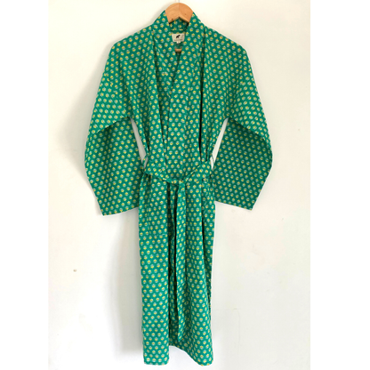 Womens Kimono Robe - Green and Yellow floral print cotton : 44 / S