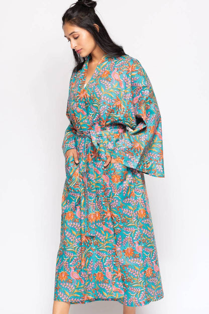 Reva Block Print Kimono Robes: Blue Multi